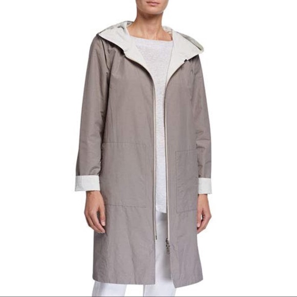 Sold Eileen Fisher Ivory Gray Reversible Organic Cotton Nylon Long Anorak Jacket - Picture 2 of 11